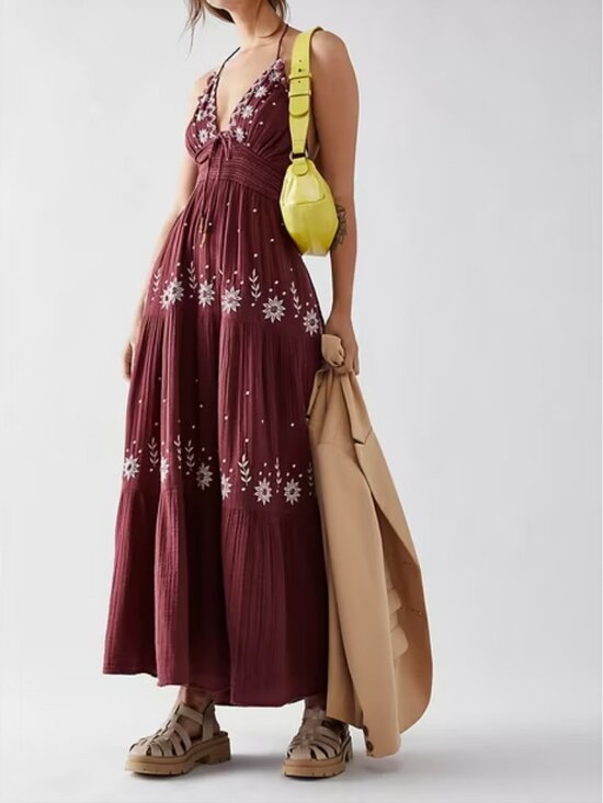 Free People Dresses & Skirts - Free People Real Love Embroidered Dress Burgundy Large